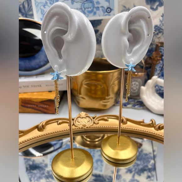 🆕 LES NEREIDES 🧿 NWOT Blue Bell Flower Dangling Crystal Post Earrings - Picture 10 of 16